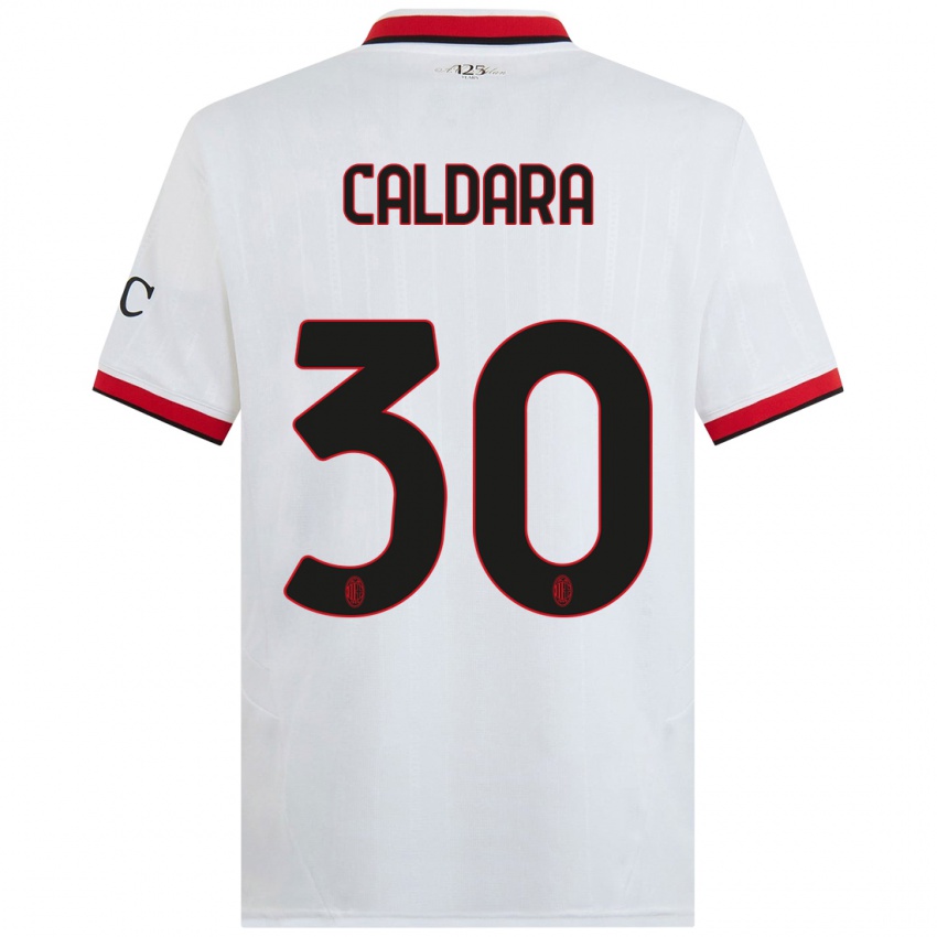 Gyermek Mattia Caldara #30 Fehér Fekete Piros Idegenbeli Jersey 2024/25 Mez Póló Ing