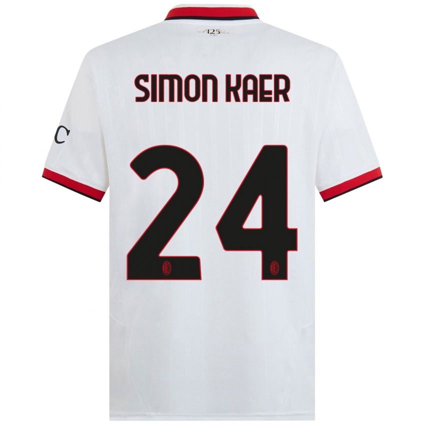 Gyermek Simon Kaer #24 Fehér Fekete Piros Idegenbeli Jersey 2024/25 Mez Póló Ing