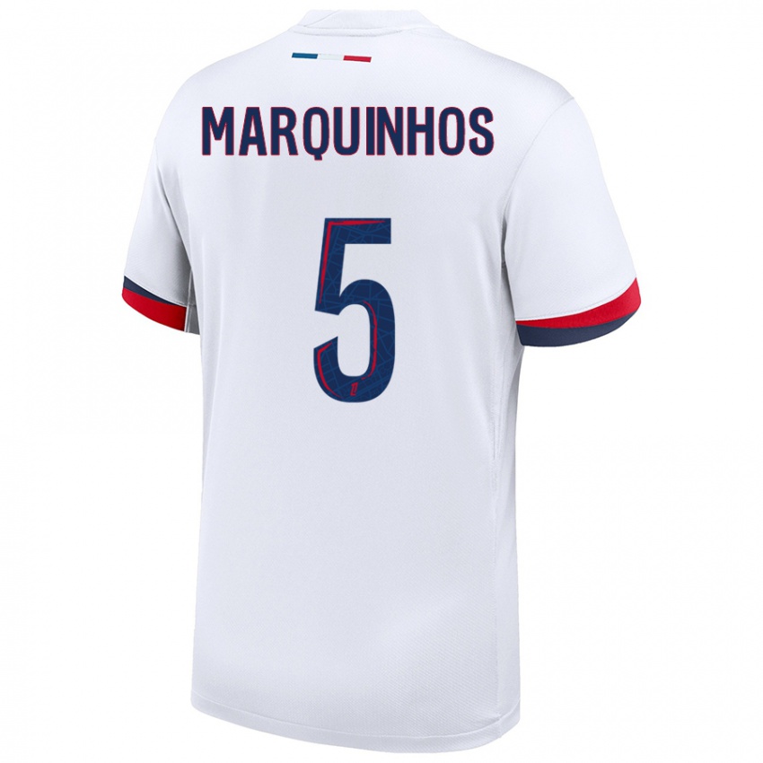 Gyermek Marquinhos #5 Fehér Kék Piros Idegenbeli Jersey 2024/25 Mez Póló Ing