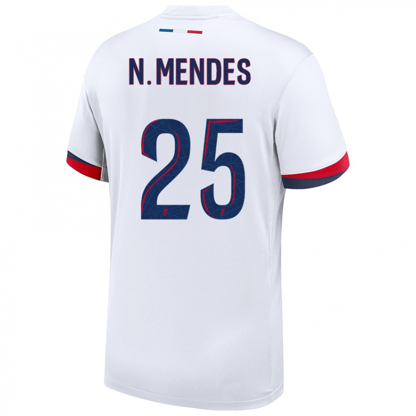 Gyermek Nuno Mendes #25 Fehér Kék Piros Idegenbeli Jersey 2024/25 Mez Póló Ing