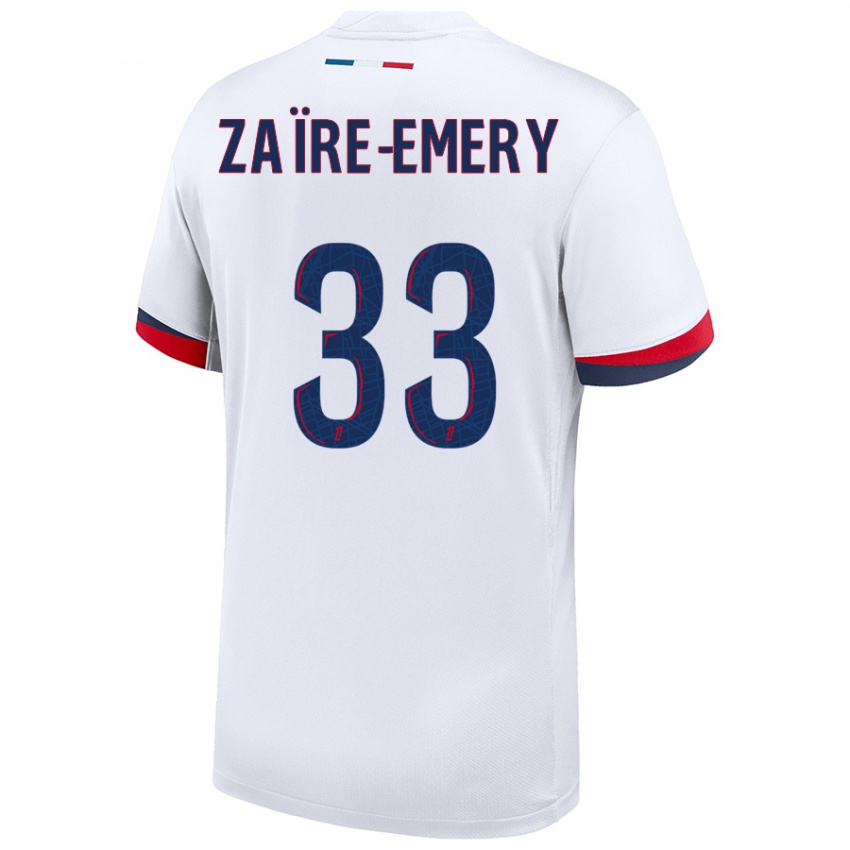 Gyermek Warren Zaire Emery #33 Fehér Kék Piros Idegenbeli Jersey 2024/25 Mez Póló Ing