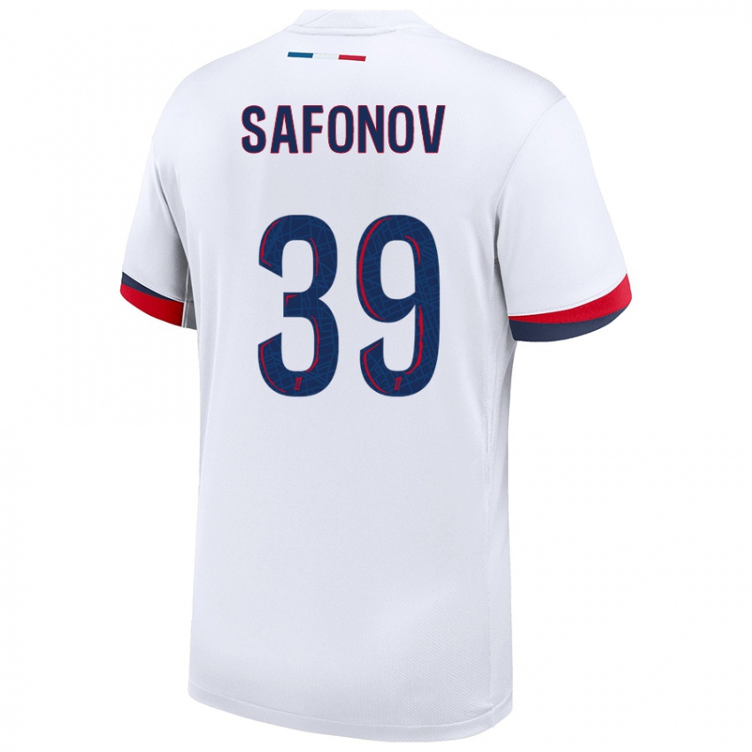 Gyermek Matvey Safonov #39 Fehér Kék Piros Idegenbeli Jersey 2024/25 Mez Póló Ing