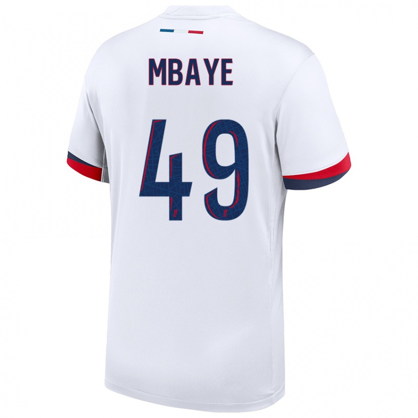 Gyermek Ibrahim Mbaye #49 Fehér Kék Piros Idegenbeli Jersey 2024/25 Mez Póló Ing