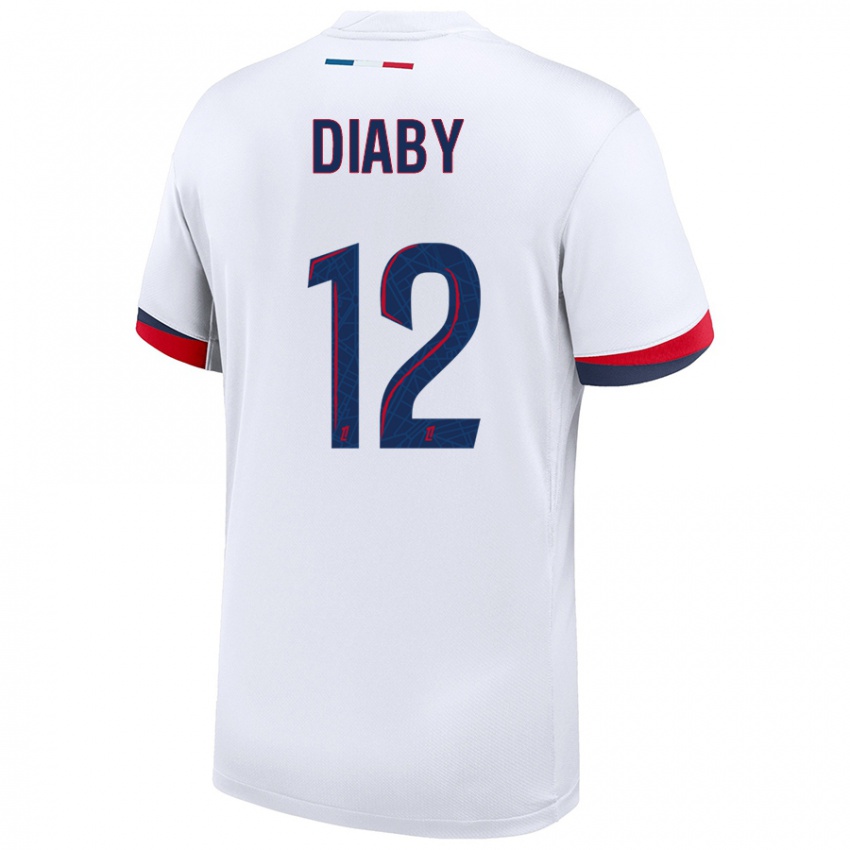 Gyermek Ibrahima Diaby #12 Fehér Kék Piros Idegenbeli Jersey 2024/25 Mez Póló Ing