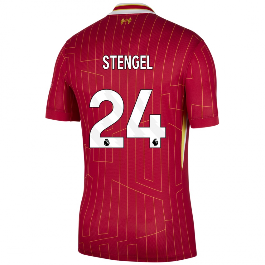 Férfi Katie Stengel #24 Piros Sárga Fehér Hazai Jersey 2024/25 Mez Póló Ing