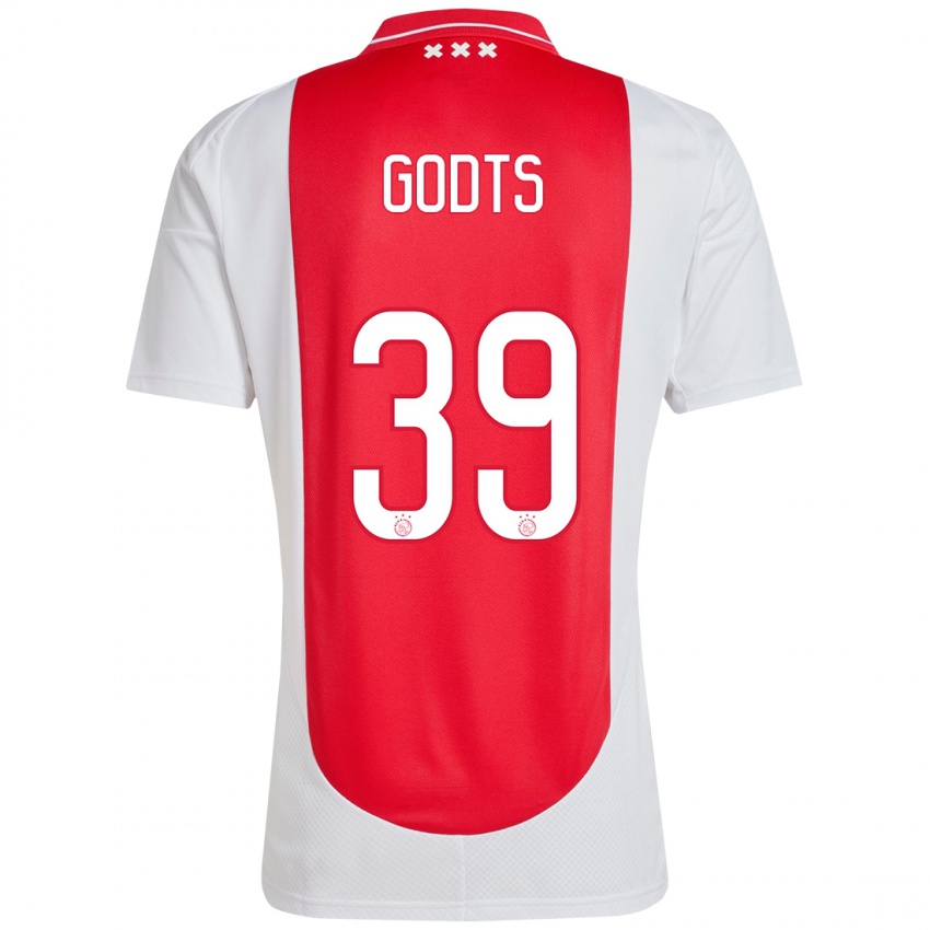 Gyermek Mika Godts #39 Piros Fehér Hazai Jersey 2024/25 Mez Póló Ing