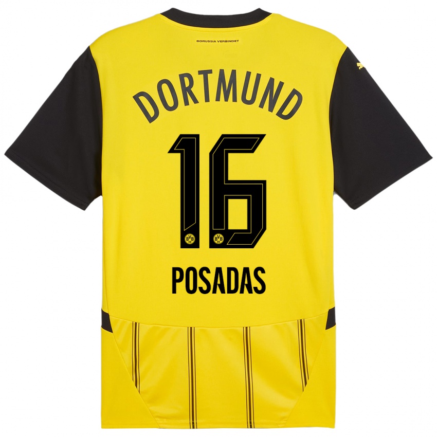 Gyermek Leonardo Posadas #16 Sárga Fekete Hazai Jersey 2024/25 Mez Póló Ing