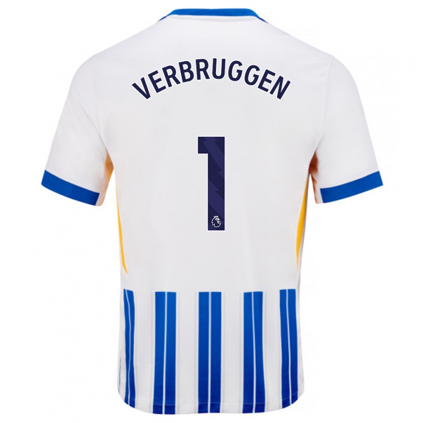 Gyermek Bart Verbruggen #1 Fehér Kék Csíkos Hazai Jersey 2024/25 Mez Póló Ing