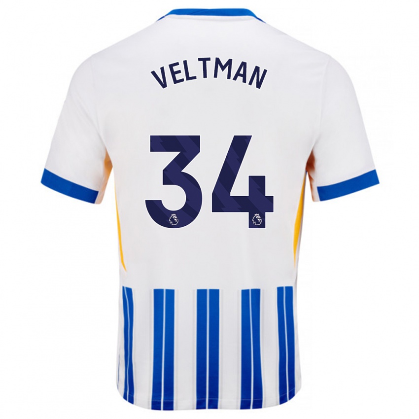 Gyermek Joël Veltman #34 Fehér Kék Csíkos Hazai Jersey 2024/25 Mez Póló Ing