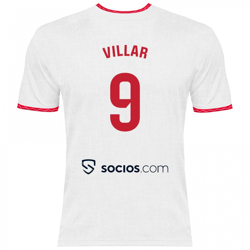 Gyermek Iker Villar #9 Fehér Piros Hazai Jersey 2024/25 Mez Póló Ing