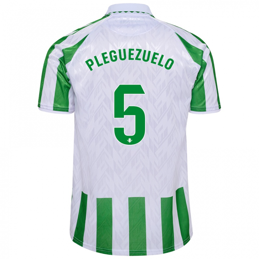 Gyermek Xavi Pleguezuelo #5 Zöld Fehér Csíkok Hazai Jersey 2024/25 Mez Póló Ing