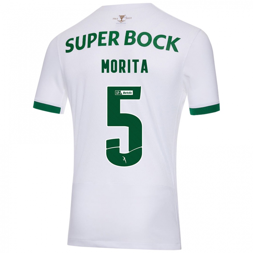 Gyermek Hidemasa Morita #5 Fehér Zöld Idegenbeli Jersey 2024/25 Mez Póló Ing