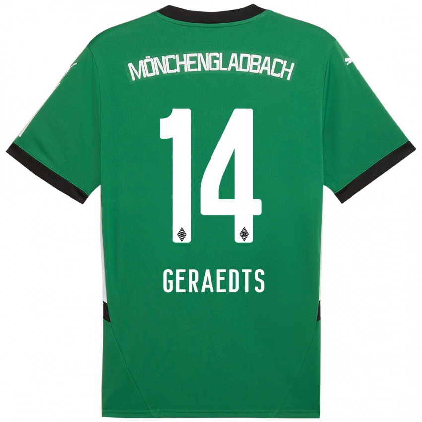 Gyermek Kelsey Geraedts #14 Zöld Fehér Idegenbeli Jersey 2024/25 Mez Póló Ing