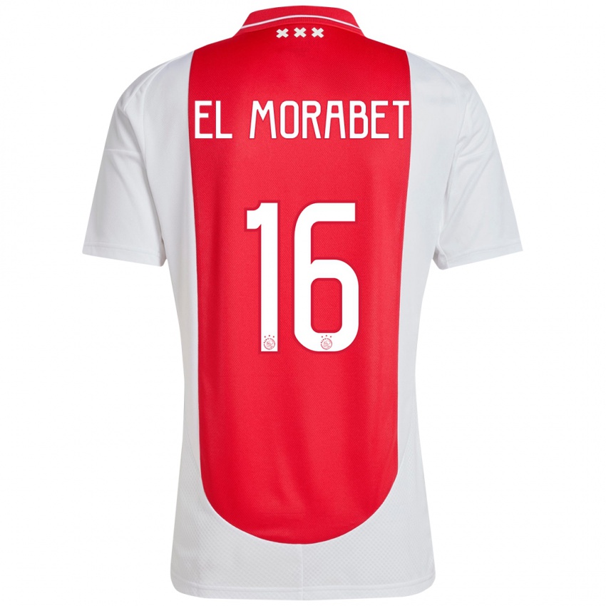 Férfi Younes El Morabet #16 Piros Fehér Hazai Jersey 2024/25 Mez Póló Ing