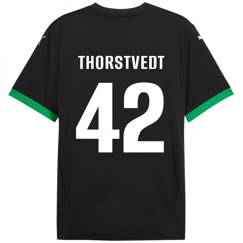 Gyermek Kristian Thorstvedt #42 Fekete Sötétzöld Hazai Jersey 2024/25 Mez Póló Ing