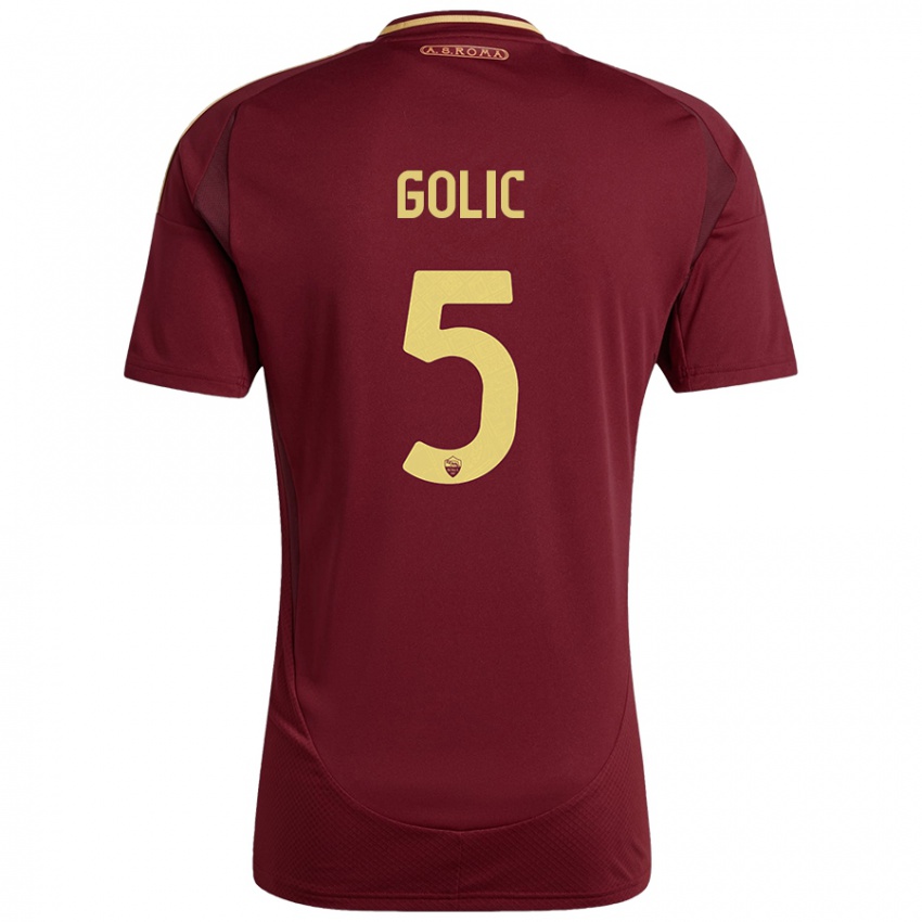 Gyermek Lovro Golic #5 Vörös Barna Arany Hazai Jersey 2024/25 Mez Póló Ing