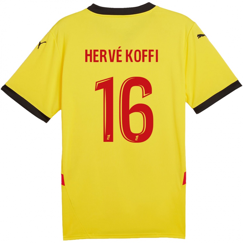 Gyermek Hervé Koffi #16 Sárga Piros Hazai Jersey 2024/25 Mez Póló Ing