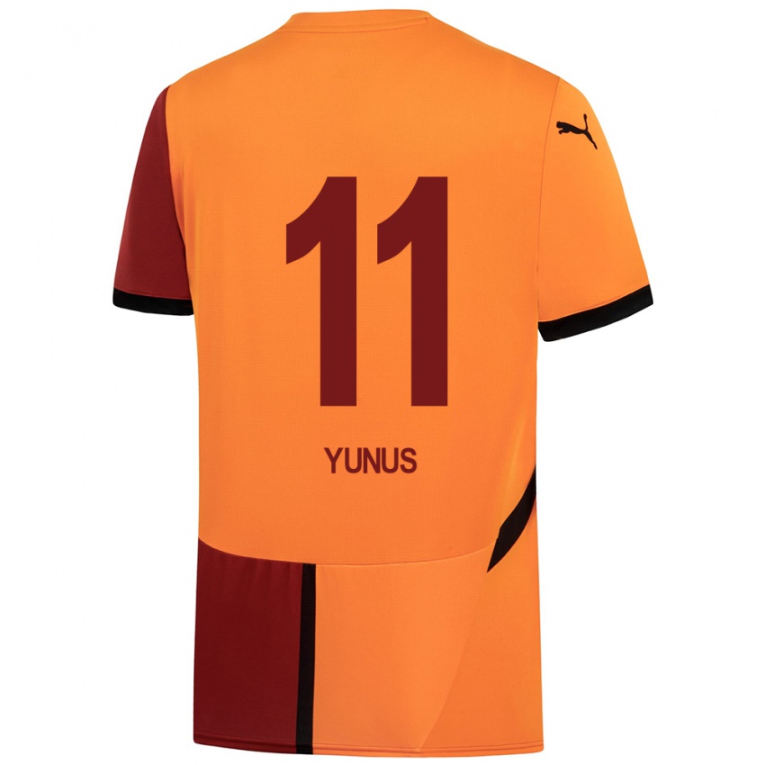 Gyermek Yunus Akgün #11 Sárga Piros Hazai Jersey 2024/25 Mez Póló Ing