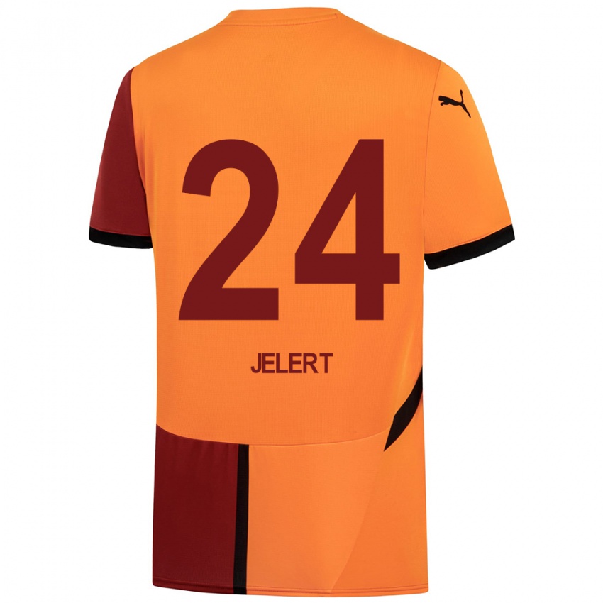 Gyermek Elias Jelert #24 Sárga Piros Hazai Jersey 2024/25 Mez Póló Ing