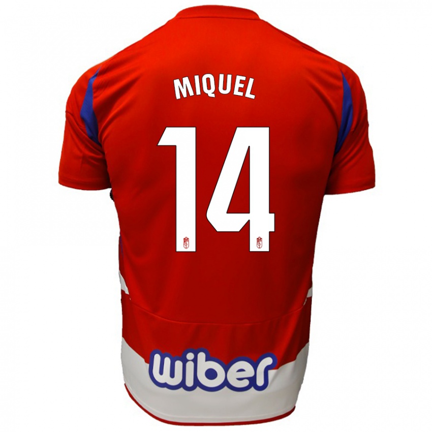 Gyermek Ignasi Miquel #14 Piros Fehér Kék Hazai Jersey 2024/25 Mez Póló Ing