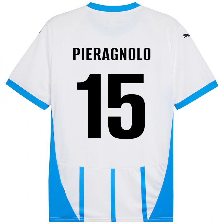 Gyermek Edoardo Pieragnolo #15 Fehér Kék Idegenbeli Jersey 2024/25 Mez Póló Ing