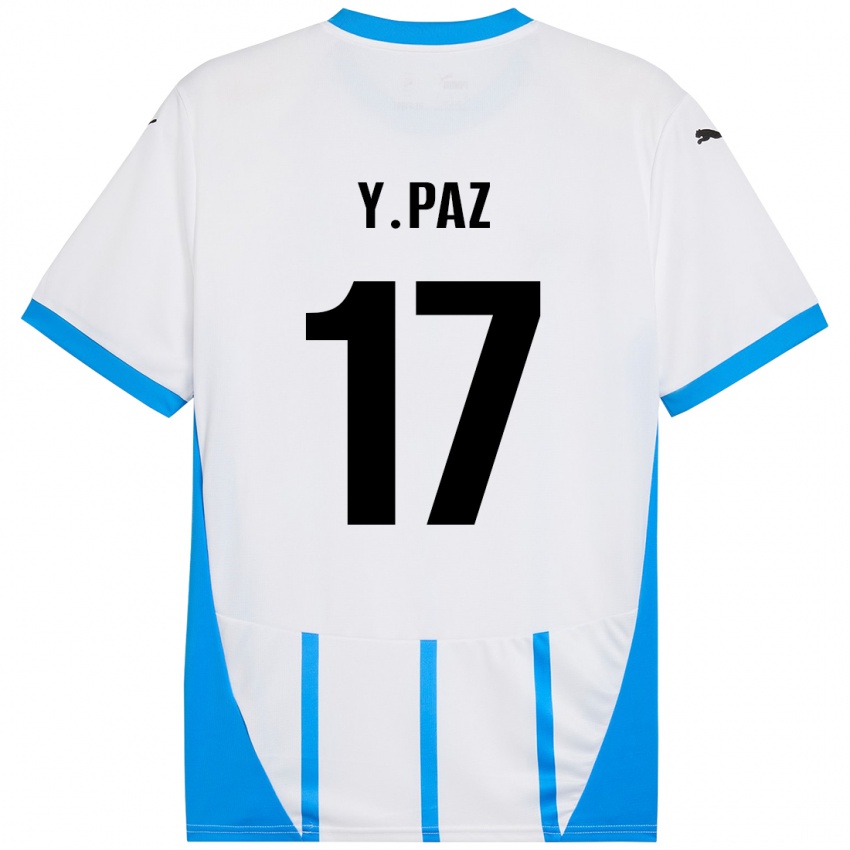 Gyermek Yeferson Paz #17 Fehér Kék Idegenbeli Jersey 2024/25 Mez Póló Ing