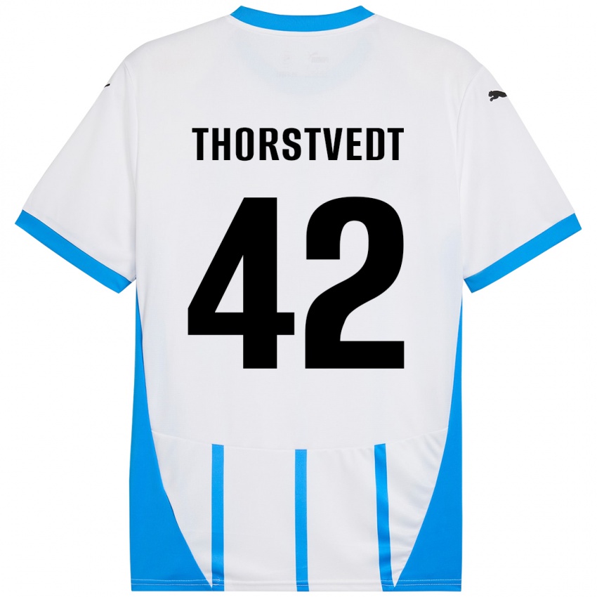 Gyermek Kristian Thorstvedt #42 Fehér Kék Idegenbeli Jersey 2024/25 Mez Póló Ing