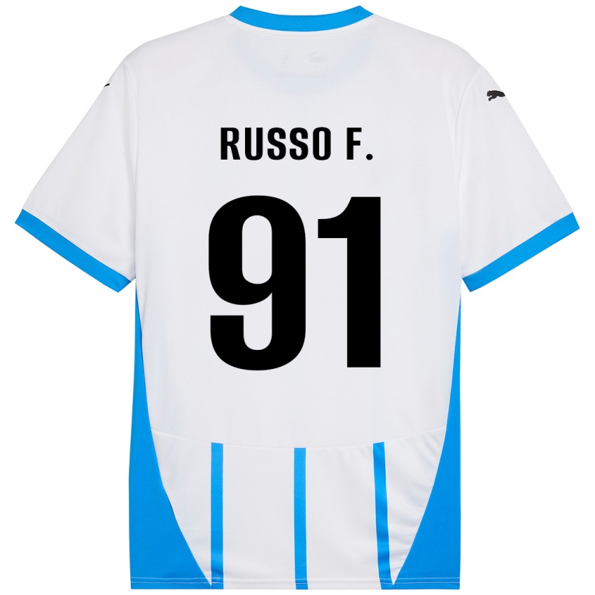 Gyermek Flavio Russo #91 Fehér Kék Idegenbeli Jersey 2024/25 Mez Póló Ing