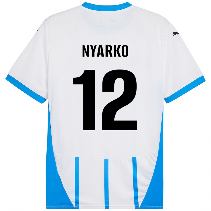 Gyermek Lorenzo Nyarko #12 Fehér Kék Idegenbeli Jersey 2024/25 Mez Póló Ing