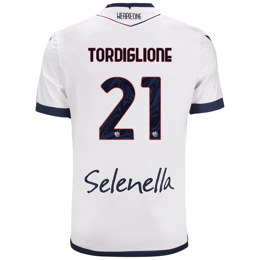 Gyermek Nicolò Tordiglione #21 Fehér Royal Blue Idegenbeli Jersey 2024/25 Mez Póló Ing