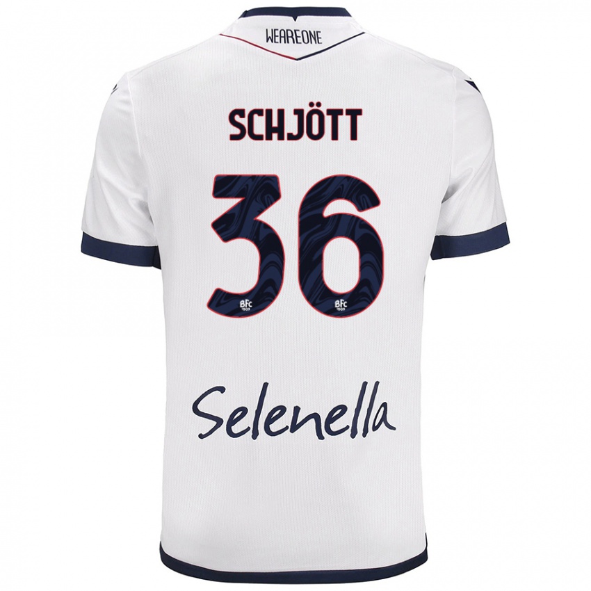 Gyermek Gustav Schjött #36 Fehér Royal Blue Idegenbeli Jersey 2024/25 Mez Póló Ing