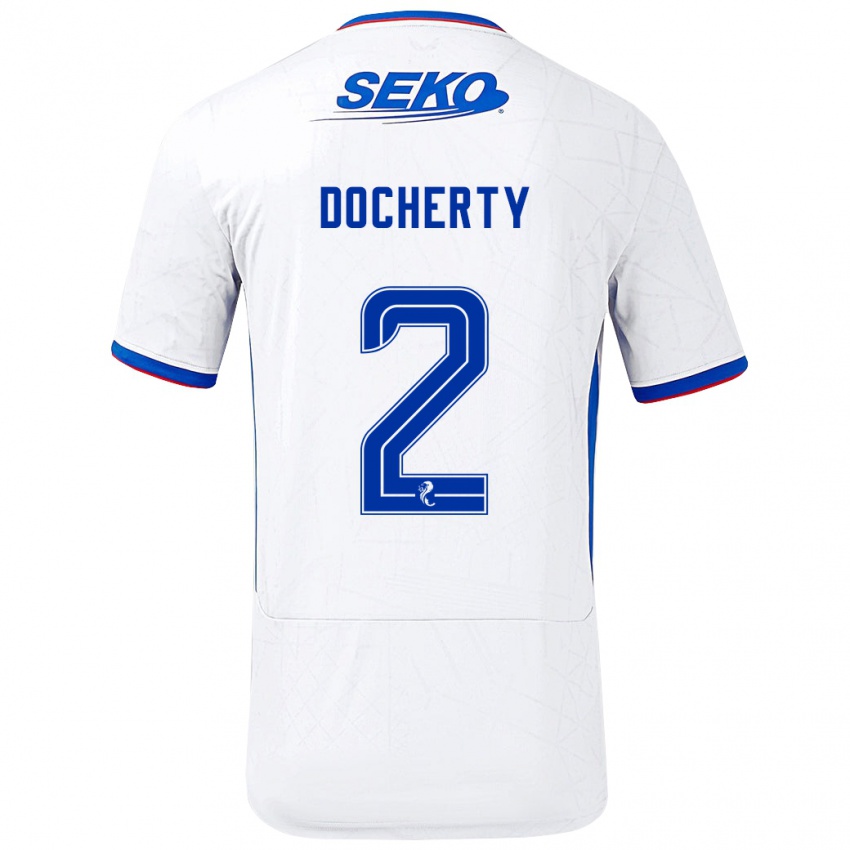 Gyermek Nicola Docherty #2 Fehér Kék Idegenbeli Jersey 2024/25 Mez Póló Ing