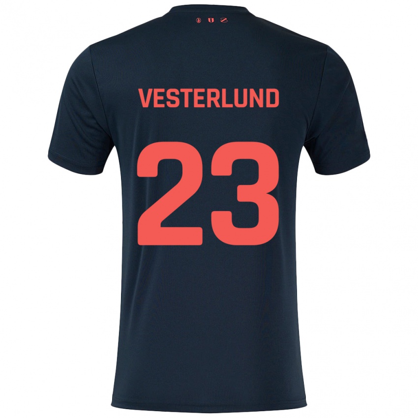 Gyermek Niklas Vesterlund #23 Fekete Piros Idegenbeli Jersey 2024/25 Mez Póló Ing