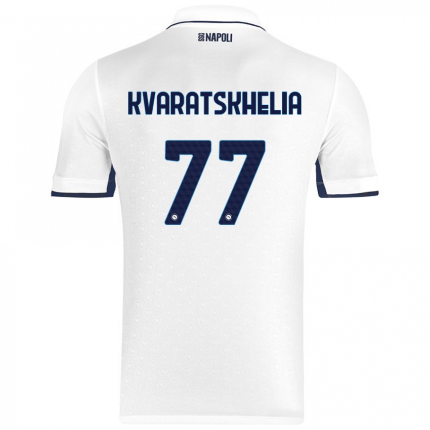 Gyermek Khvicha Kvaratskhelia #77 Fehér Royal Blue Idegenbeli Jersey 2024/25 Mez Póló Ing