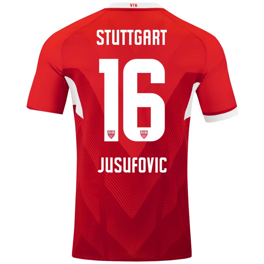 Gyermek Farah Jusufović #16 Piros Fehér Idegenbeli Jersey 2024/25 Mez Póló Ing