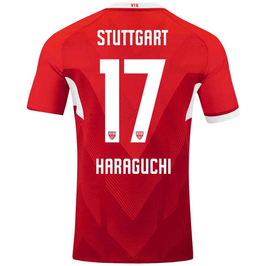 Gyermek Genki Haraguchi #17 Piros Fehér Idegenbeli Jersey 2024/25 Mez Póló Ing