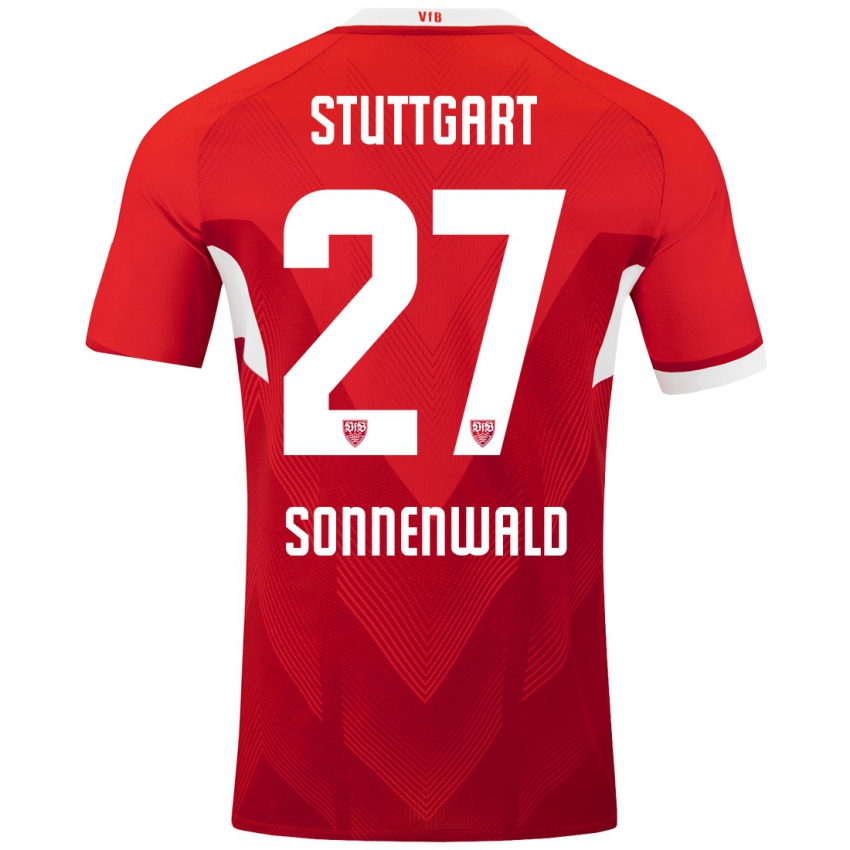 Gyermek Lukas Sonnenwald #27 Piros Fehér Idegenbeli Jersey 2024/25 Mez Póló Ing