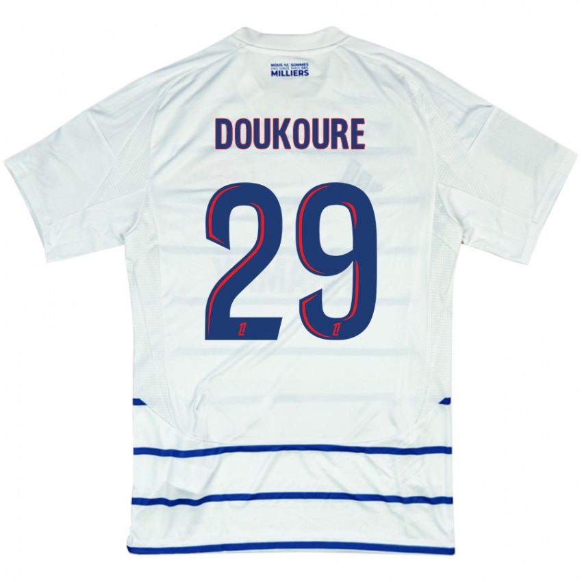 Gyermek Ismaël Doukouré #29 Fehér Kék Idegenbeli Jersey 2024/25 Mez Póló Ing