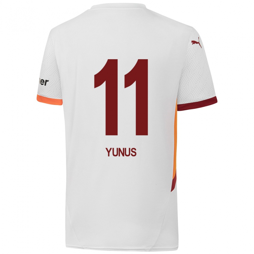 Gyermek Yunus Akgün #11 Fehér Sárga Piros Idegenbeli Jersey 2024/25 Mez Póló Ing