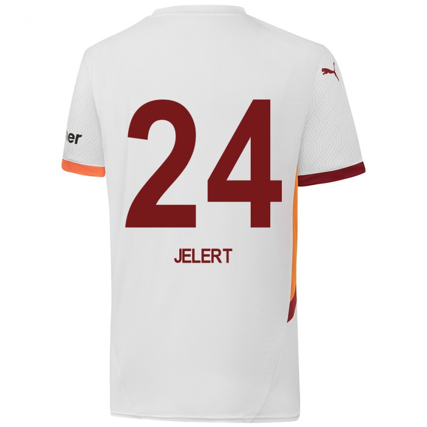 Gyermek Elias Jelert #24 Fehér Sárga Piros Idegenbeli Jersey 2024/25 Mez Póló Ing