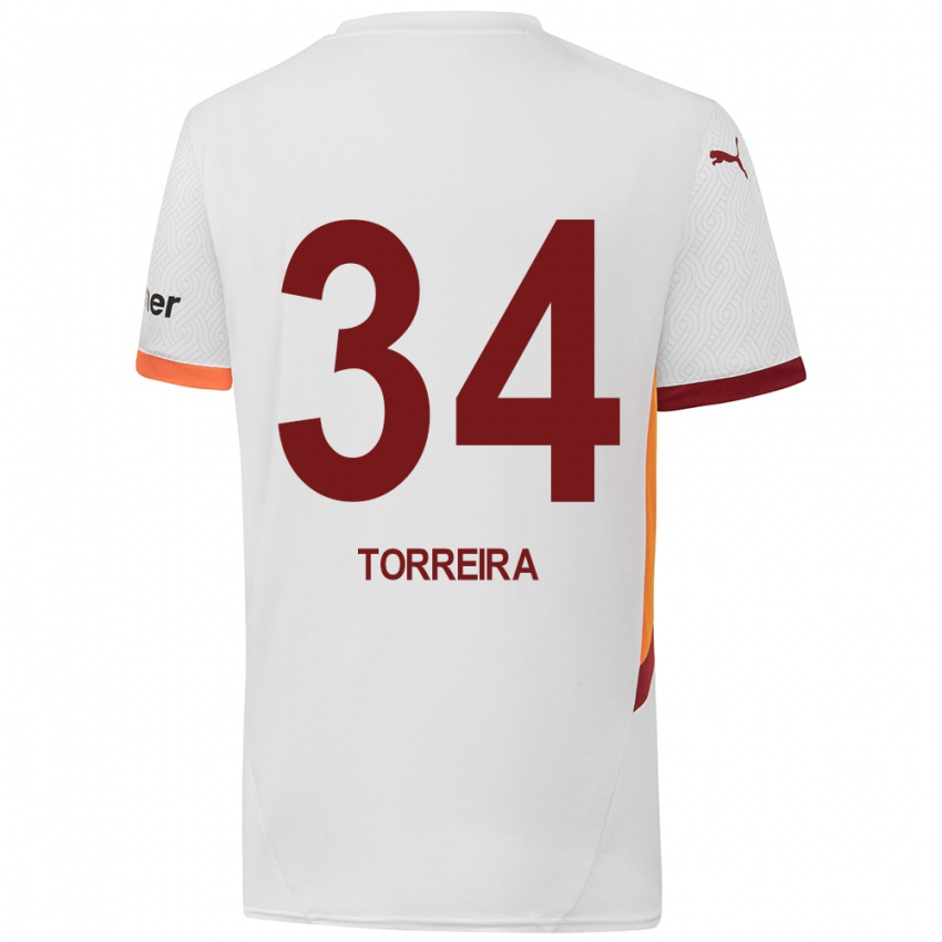 Gyermek Lucas Torreira #34 Fehér Sárga Piros Idegenbeli Jersey 2024/25 Mez Póló Ing