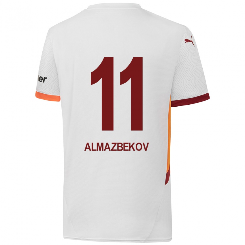 Gyermek Beknaz Almazbekov #11 Fehér Sárga Piros Idegenbeli Jersey 2024/25 Mez Póló Ing