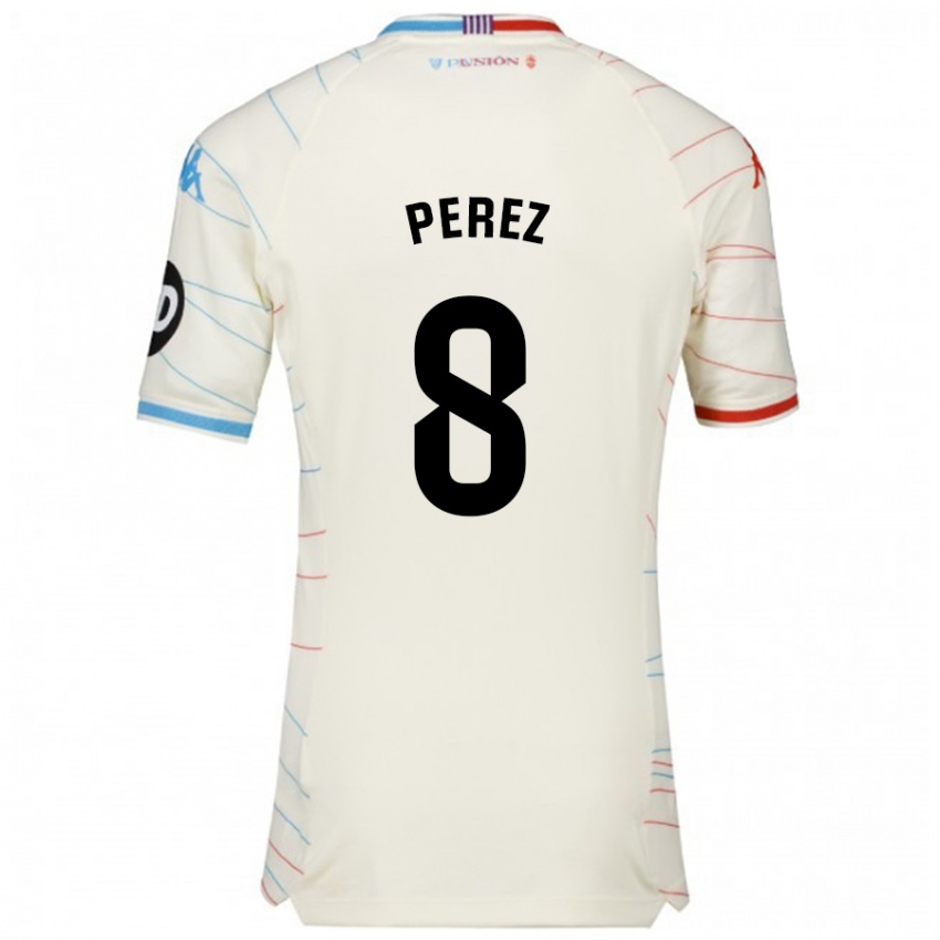 Gyermek Kike Pérez #8 Fehér Piros Kék Idegenbeli Jersey 2024/25 Mez Póló Ing