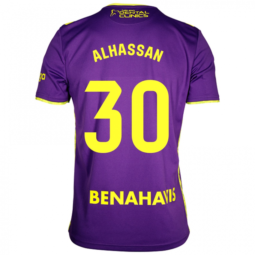 Gyermek Mubarak Alhassan #30 Lila Sárga Idegenbeli Jersey 2024/25 Mez Póló Ing