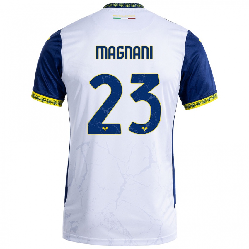 Gyermek Giangiacomo Magnani #23 Fehér Kék Idegenbeli Jersey 2024/25 Mez Póló Ing