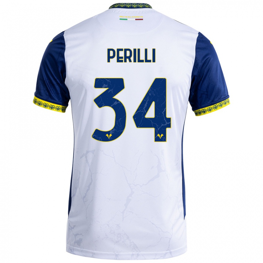 Gyermek Simone Perilli #34 Fehér Kék Idegenbeli Jersey 2024/25 Mez Póló Ing