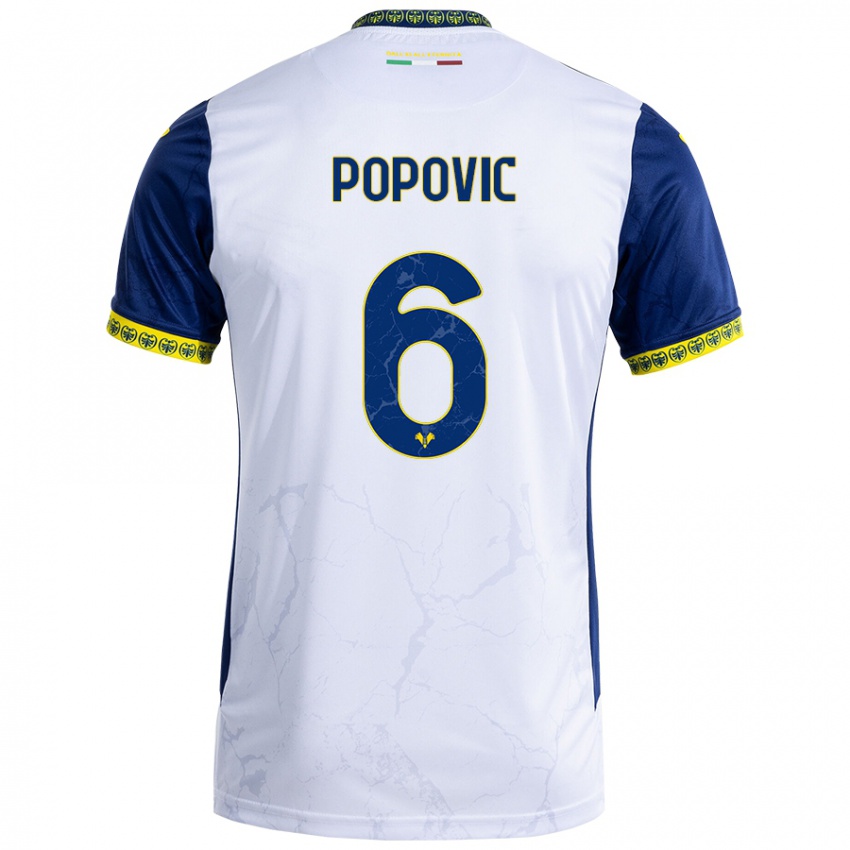 Gyermek Andrej Popovic #6 Fehér Kék Idegenbeli Jersey 2024/25 Mez Póló Ing