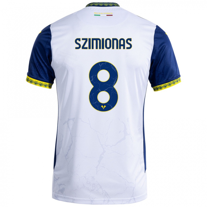 Gyermek Luca Szimionas #8 Fehér Kék Idegenbeli Jersey 2024/25 Mez Póló Ing