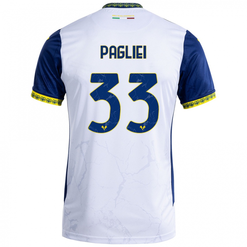 Gyermek Matteo Pagliei #33 Fehér Kék Idegenbeli Jersey 2024/25 Mez Póló Ing