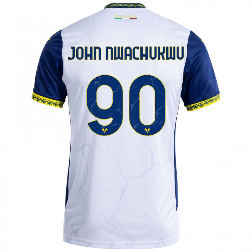 Gyermek Samuel John Nwachukwu #90 Fehér Kék Idegenbeli Jersey 2024/25 Mez Póló Ing